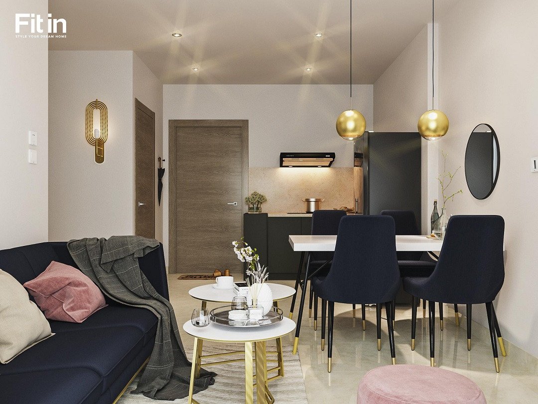 Phong khách căn hộ Vinhome grand park thiết kế với màu lục-lam chủ đạo