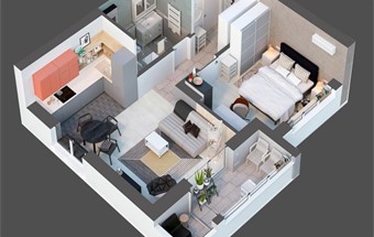 Thiết kế nội thất căn hộ chung cư 45m2 1 phòng ngủ có ban công thoáng mát