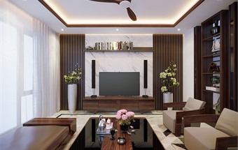 Thiết kế nội thất phòng khách chung cư 2 phòng ngủ với gỗ óc chó